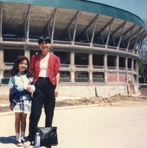 Frances and Veronica visited Pamplona with me in 1991 - here they pose before a bullring.