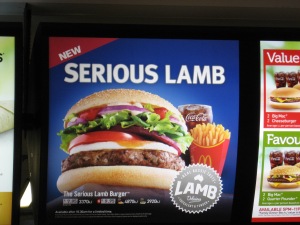 McD introduces Lamb burgers - twice as tender as hamburgers! Their advertising slogan: Mary had a little lamb...fries and a shake.
