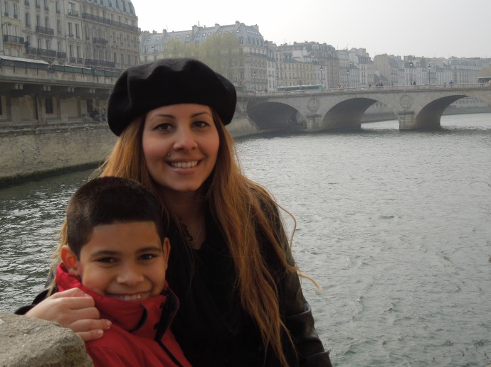 Daughter Veronica and grandson Andrew by river Seine, Paris 2012