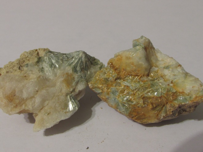 Pyrophyllite I found - can have green or gold teepee-like crystals 