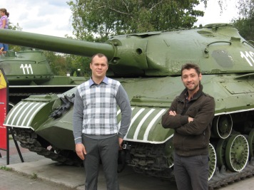 Alexander and Evgeny next to old tanks in Victory Park - Chelyabinsk built many tanks 