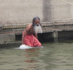 Holy man doing ritual bath in the Ganges. Scientists have tested the water and say it has a noticeable radiation from the minerals in the Himalayas.