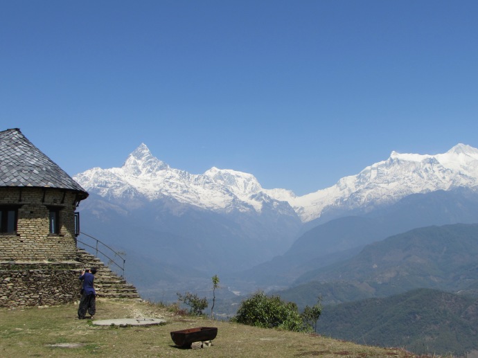 View of Anapurna range of Himalayan mountains in Sarangkot