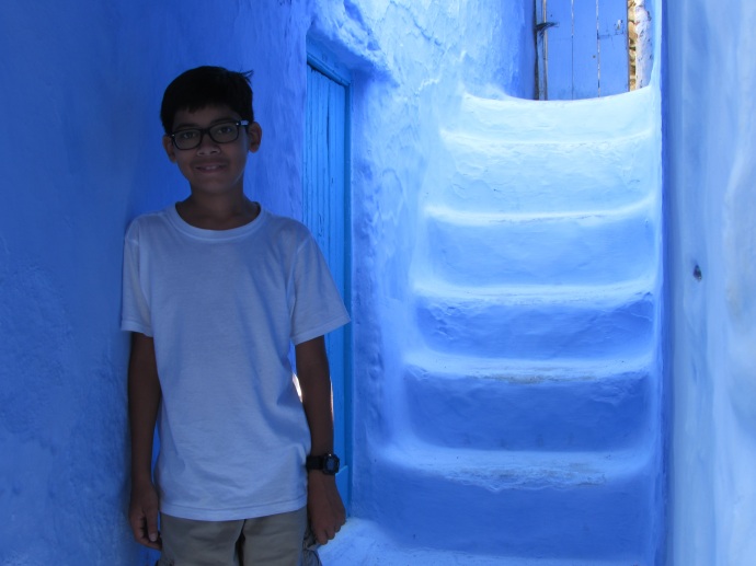 My grandson Andrew in doorway at Blue Pearl City (Chefchaouen) in north of Morocco 