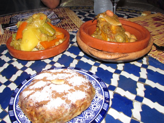 Chicken pie (with cinnamon and powdered sugar, a seven vegetable tajine and a lemon chicken dish. Typical Moroccan food offered by most good restaurants, along with couscous.
